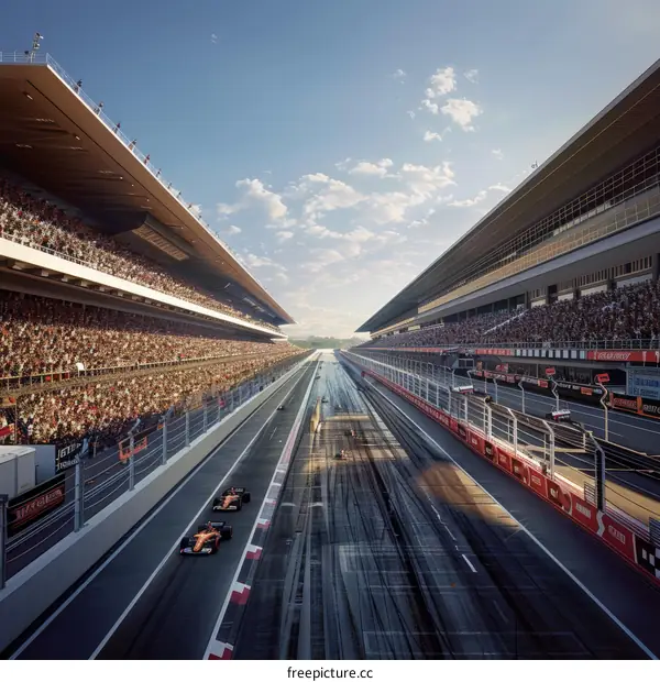 Formula One cars racing on a track with grandstands full of spectators