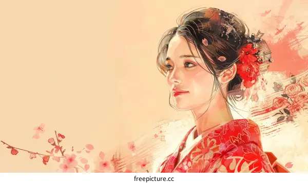 Girl in Kimono with Sakura Flowers Illustration
