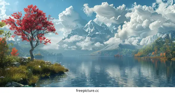 Stunning Mountain Lake Scenery with Red Tree