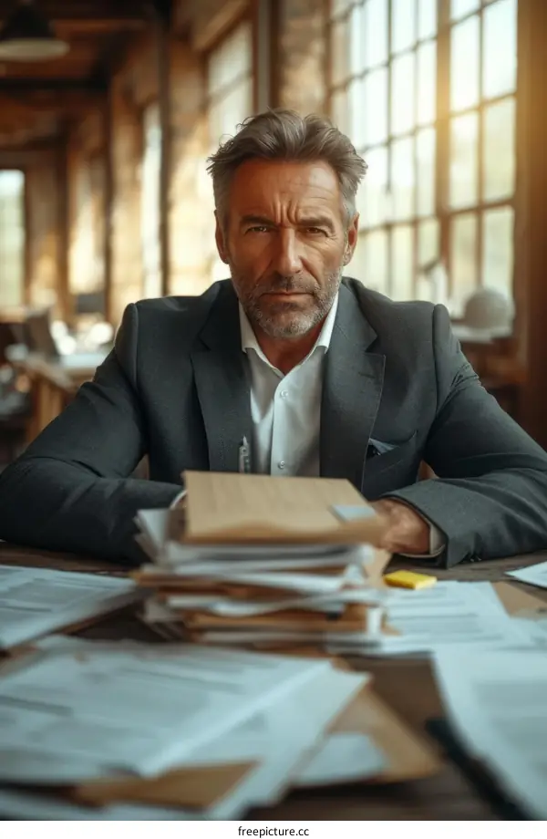 Portrait of a serious businessman sitting at his desk surrounded by paperwork