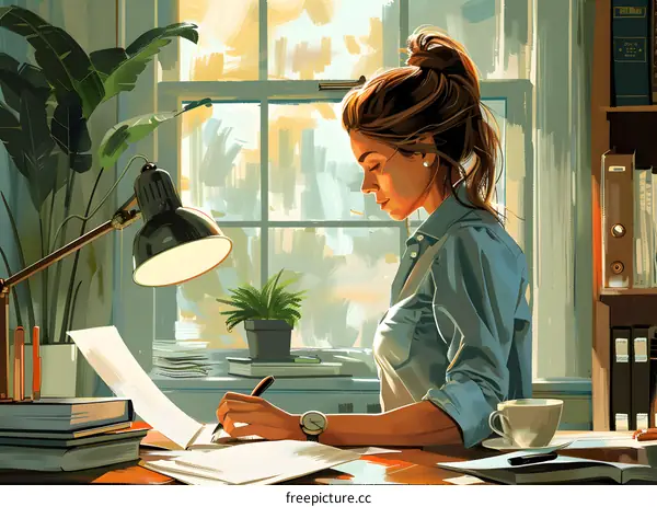 A woman is writing something in her office