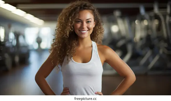 Portrait of a young woman with curly hair standing in a gym