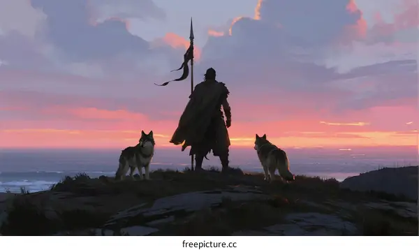 Warrior Standing with Wolves at Sunset on Mountain Top