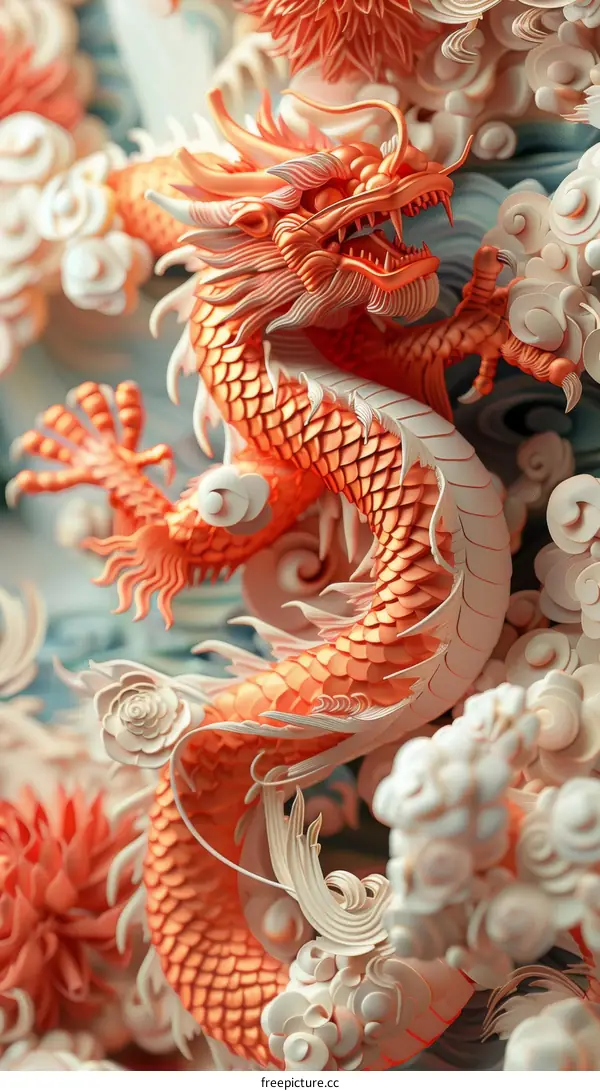 3D Illustration of Mythical Golden Dragon Rising with White Clouds and Red Flowers