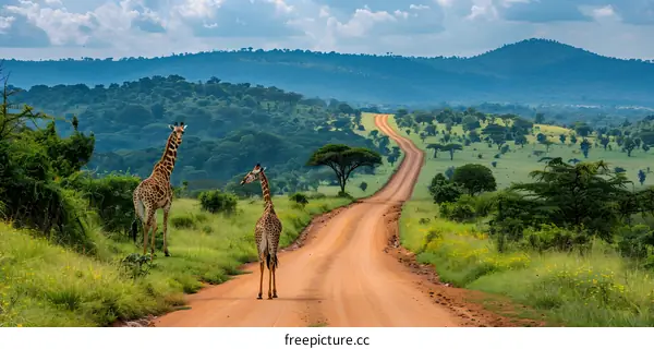 Giraffes Walking Down a Dirt Road in Africa