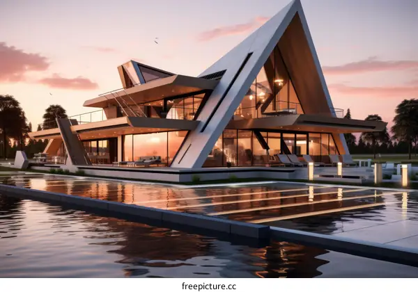 Modern lakeside house with geometric shapes