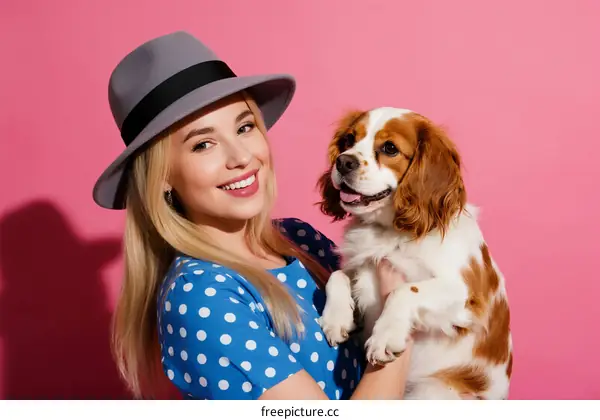 Blonde woman in polka dot dress holding a Cavalier King Charles Spaniel