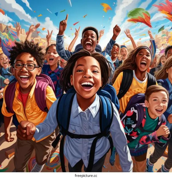 A group of diverse children are celebrating with joy and excitement