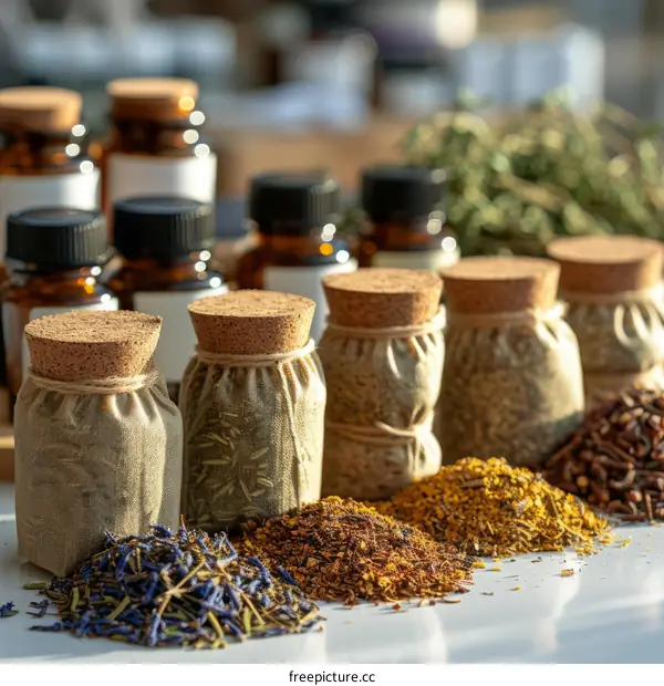 Dried herbs and spices in jars and bags arranged on a white table