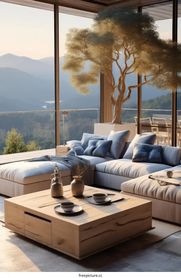 Modern Living Room Interior with Panoramic Mountain Views