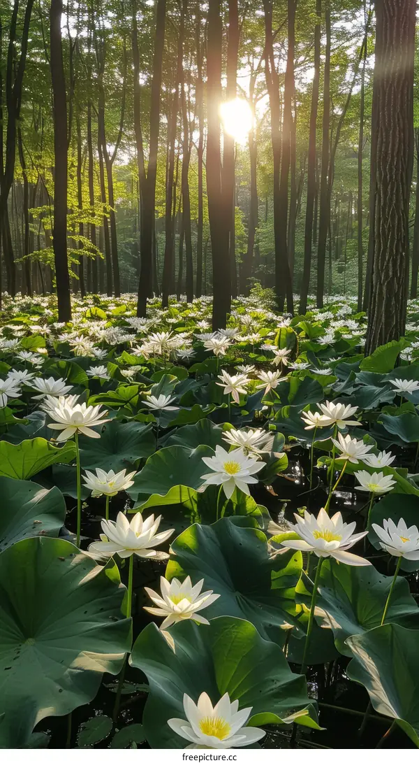White Water Lilies Surrounded by Forest in Sunlight