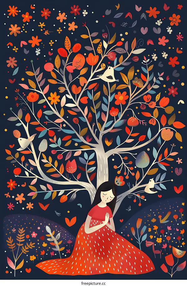 Girl Praying Underneath a Tree with Flowers and Birds