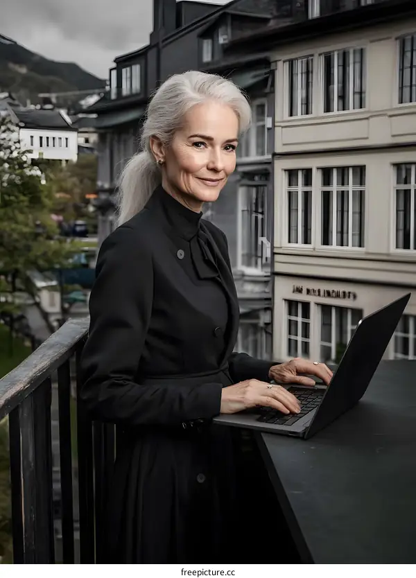 Business Woman Working on Laptop with City View