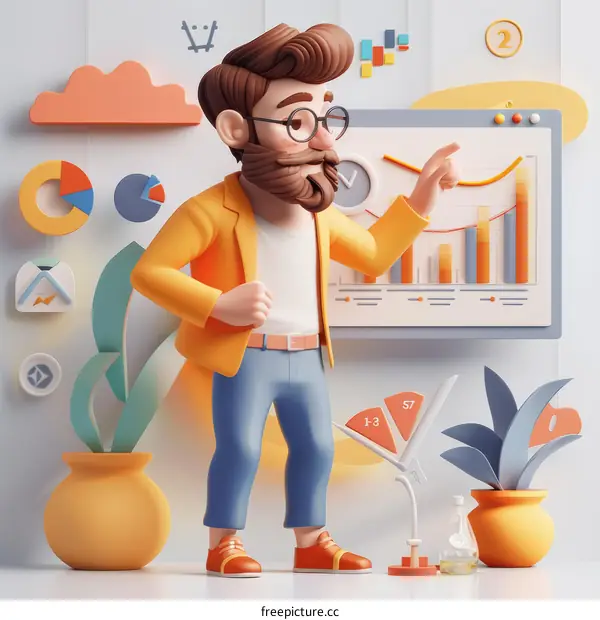 3D Illustration of Businessman in Casual Clothes Giving Presentation and Charts