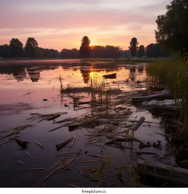 The setting sun casts a pink glow on a lake with a dock and trees on the shore