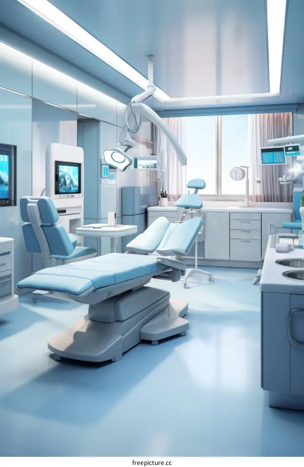 Modern Dental Clinic with Patient Chair, Tools, and Large Window