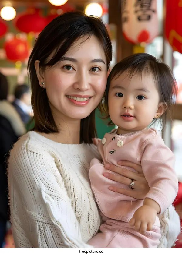 A mother is smiling while holding her baby in her arms