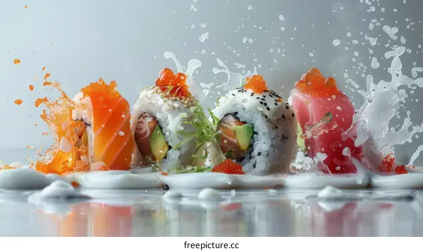 Delectable Sushi Rolls with Roe and Avocado on a White Background Amidst a Splash of Water