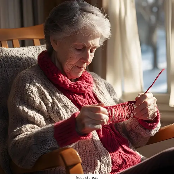 Elderly Woman Knitting in a Rocking Chair by a Window