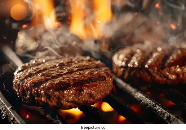Two juicy beef patties sizzling on a hot grill