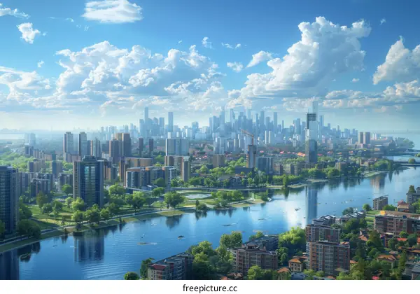 Modern Cityscape with a River and Lush Greenery