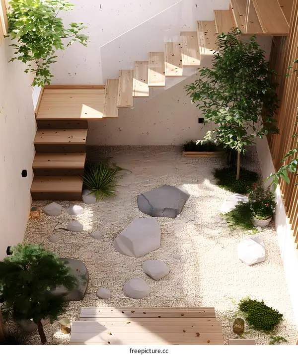 Minimalist Zen Garden Interior Design with Stairs and Plants