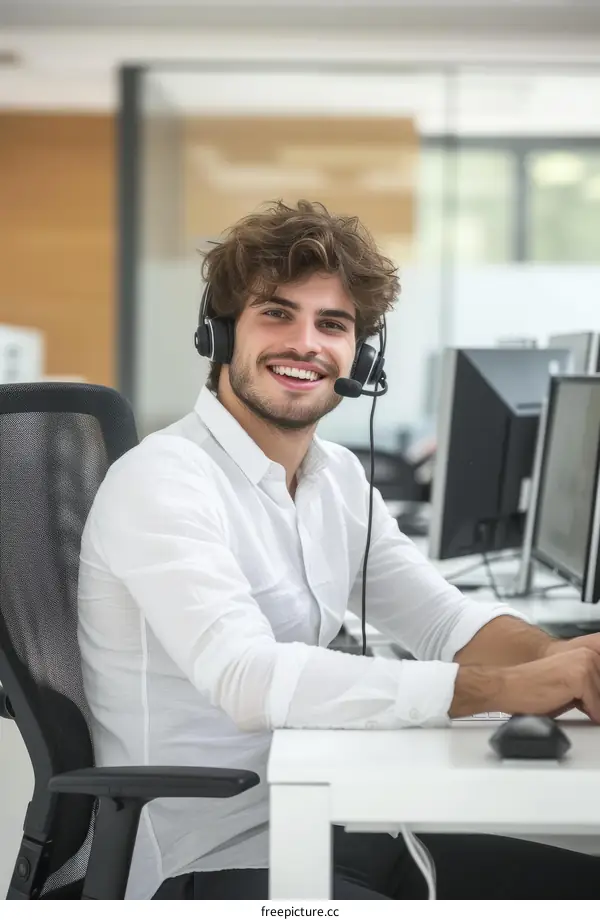 Smiling customer service representative with headset working in the office