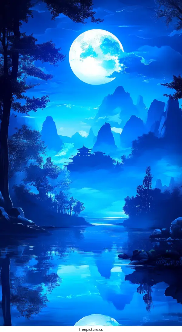 Peaceful Blue Moonlit Mountainscape