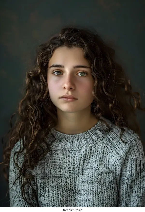 Portrait of a Young Woman with Curly Hair and Green Eyes
