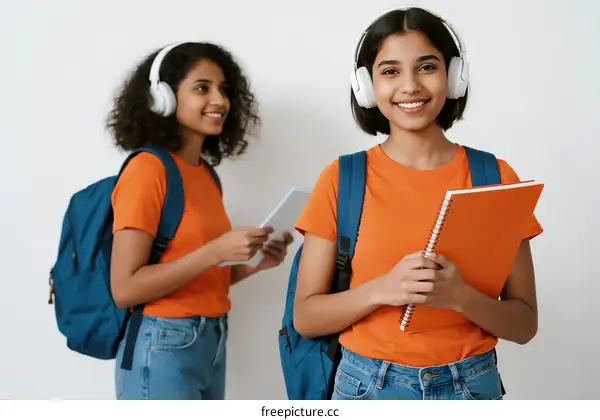 Two young students wearing orange shirts and headphones