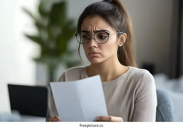 Woman Reading Documents with Concern
