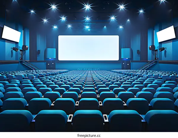 Empty Movie Theater with Blue Seats and Large Screen