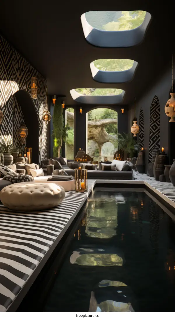 Opulent Black and White Living Room with Luxurious Swimming Pool