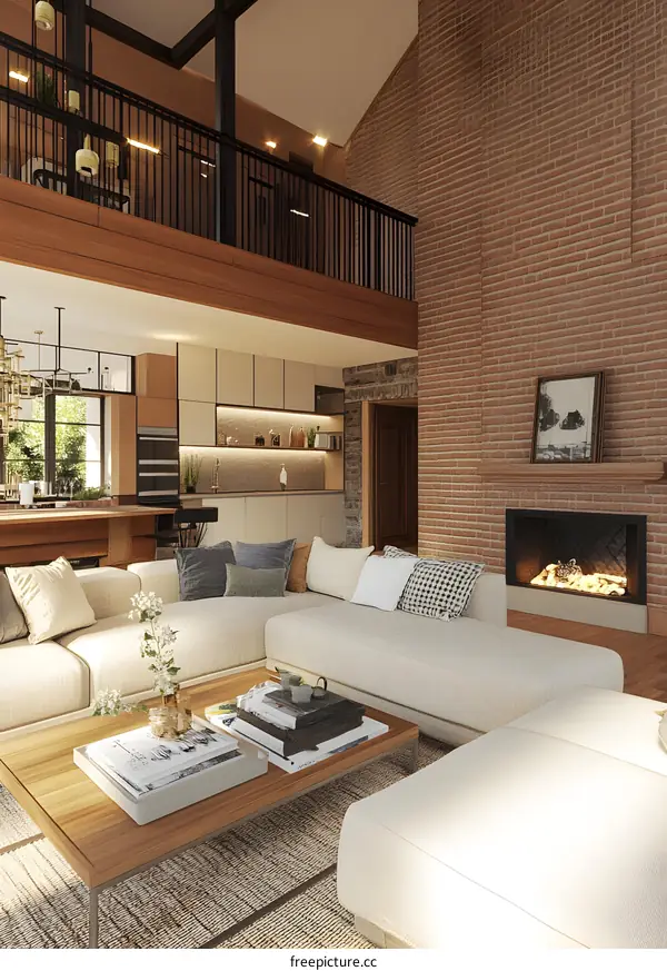 Modern Living Room Interior Design with Brick Wall and Fireplace