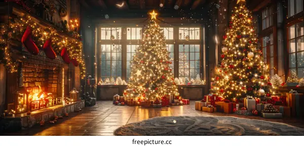 Cozy Christmas Living Room with Decorated Tree, Fireplace, and Gifts
