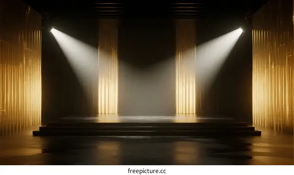 Spotlit Stage with Golden Curtains and Empty Floor for Performance