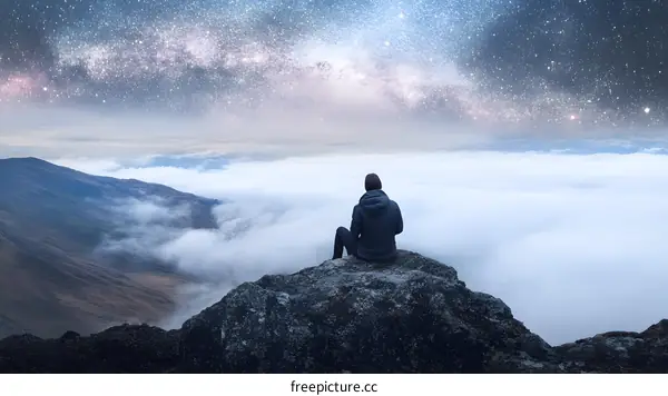 Man Sitting on Mountaintop with Milky Way in the Sky