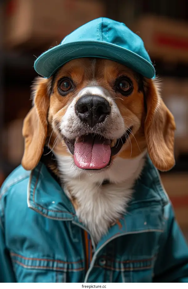 A Beagle Wearing a Blue Hat and Blue Jean Jacket