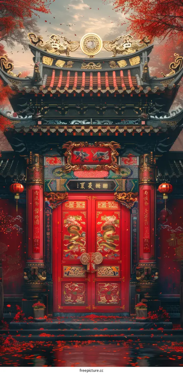 Ancient Chinese Architectural Style Gate Illustration