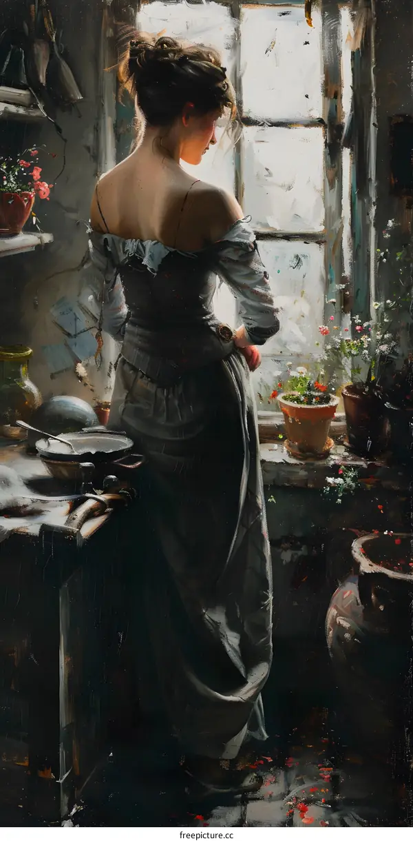 Woman in a Dress Looking Out a Window