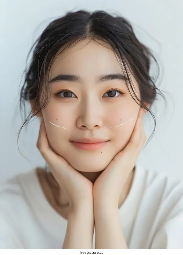 Closeup Portrait of a Young Asian Woman with a White Line on Her Face
