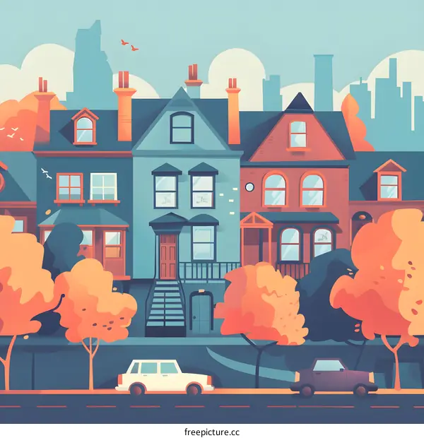 Colorful Illustration of a City Street with Buildings and Trees