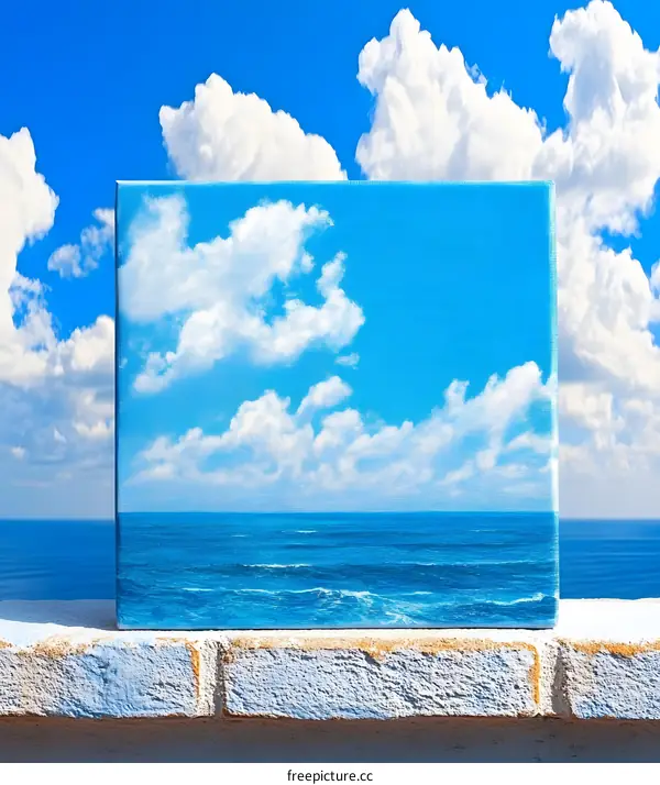 Oil Painting Canvas Seascape Artwork with Blue Sky and White Clouds