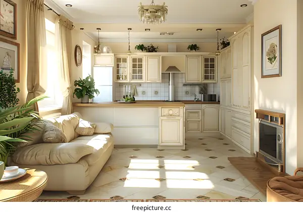 A cozy kitchen with a breakfast bar and a fireplace