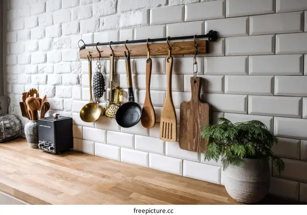 Stylish Kitchen Utensils Hanging on White Brick Wall