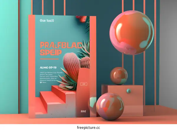 Abstract 3D Geometric Shapes with Cactus Illustration