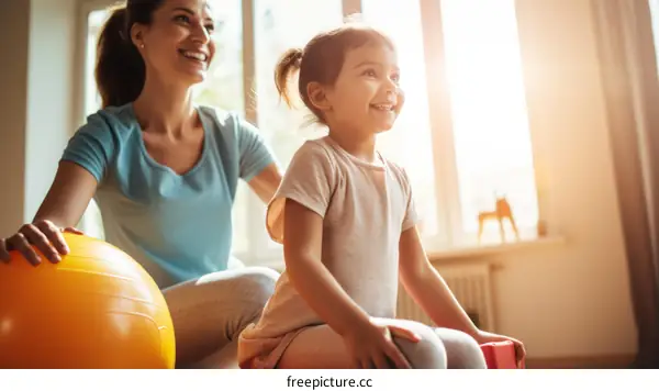 Mother and daughter exercising at home