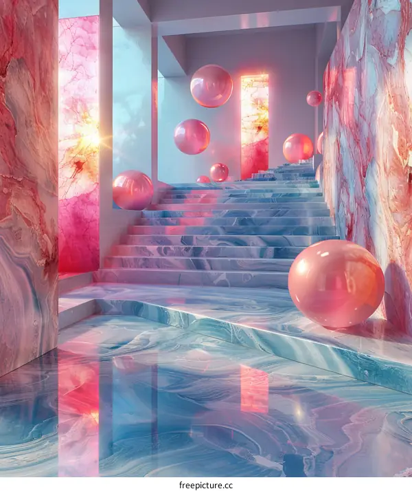 Abstract Pastel Stairway with Floating Spheres