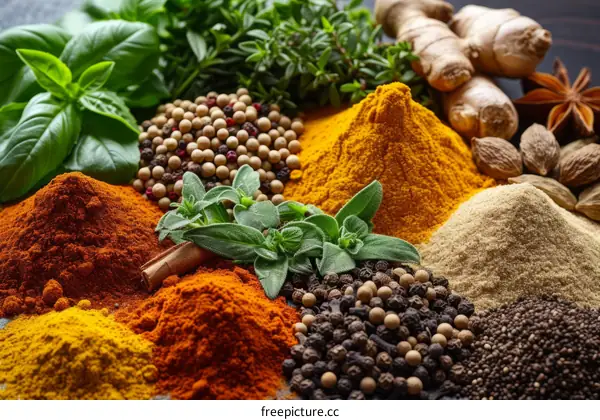 A variety of spices and herbs including turmeric, chili powder, cumin, coriander, basil, thyme, ginger, and star anise
