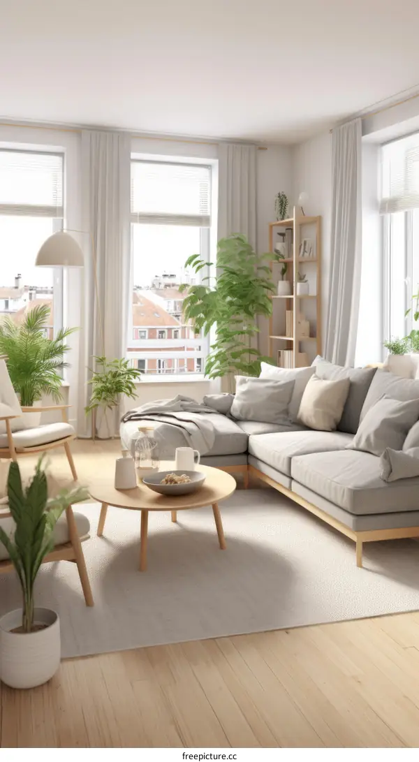 A bright and airy living room with a large windows and a gray sofa